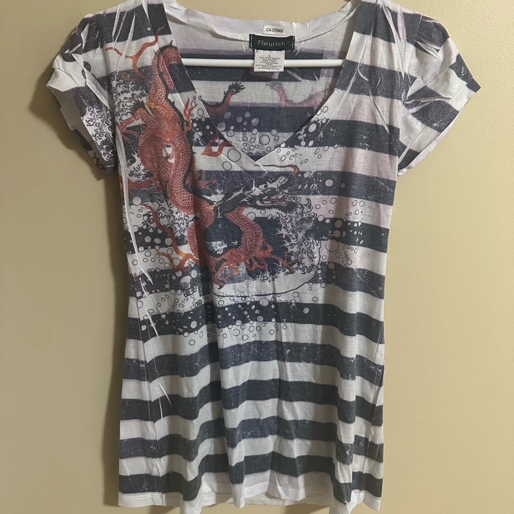 Fleurish Black and White Striped Dragon Tee